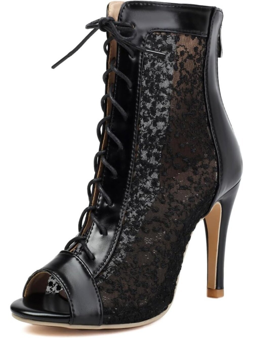 Women Black Lace Up Dance Heels Sparkle Sequin Mesh Peep Toe Stiletto Shoes